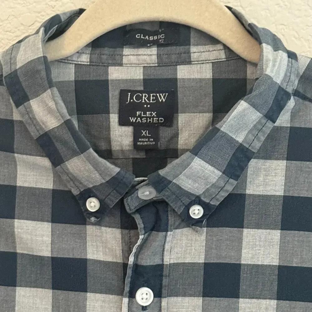 J.Crew Mens XL Flex Washed Button Down Shirt Blue Check Plaid LongSleeve Classic